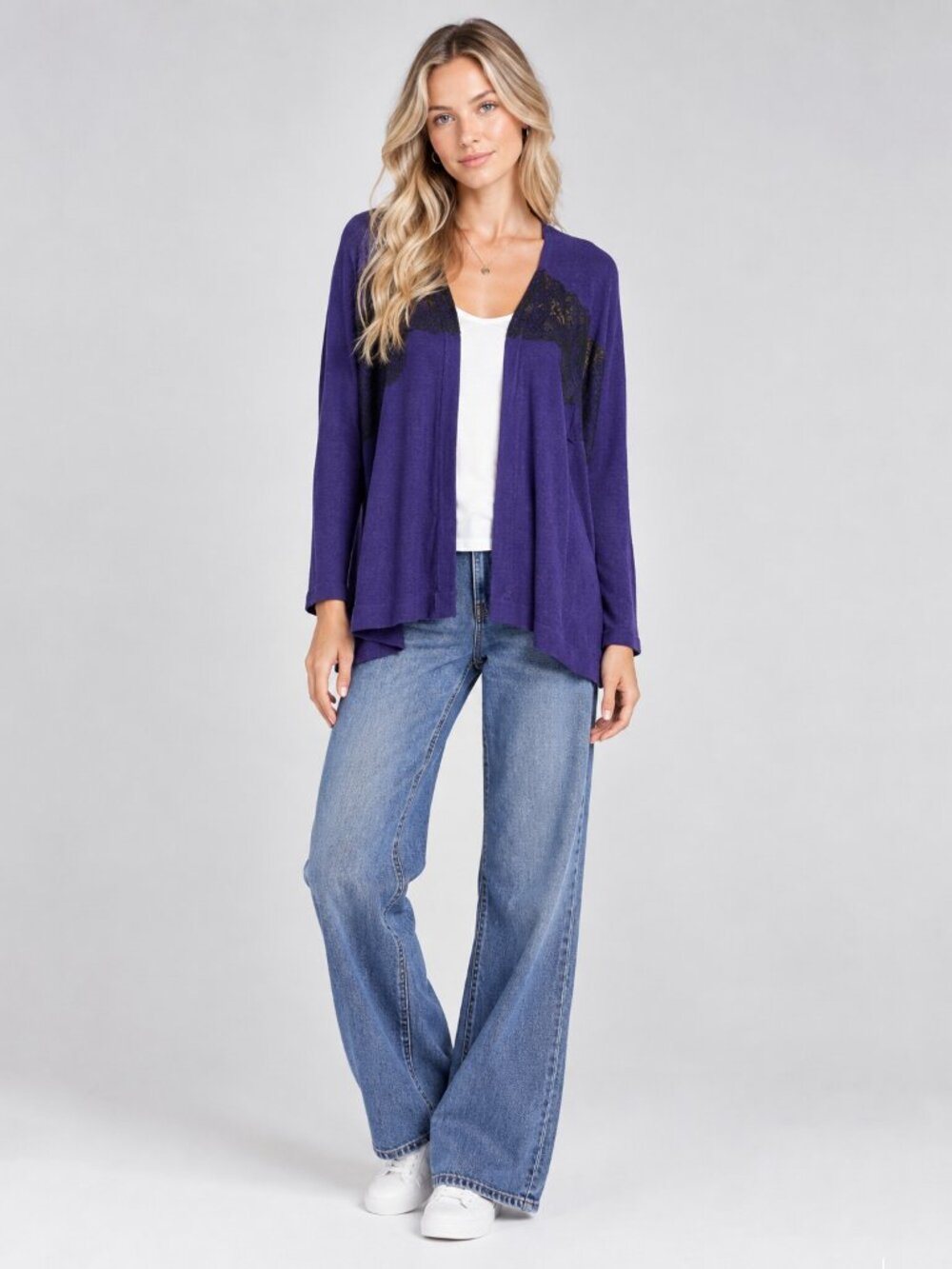 2/$30 Chico's Lace Trim Lightweight Open Cardigan Purple Black 4 #A6086